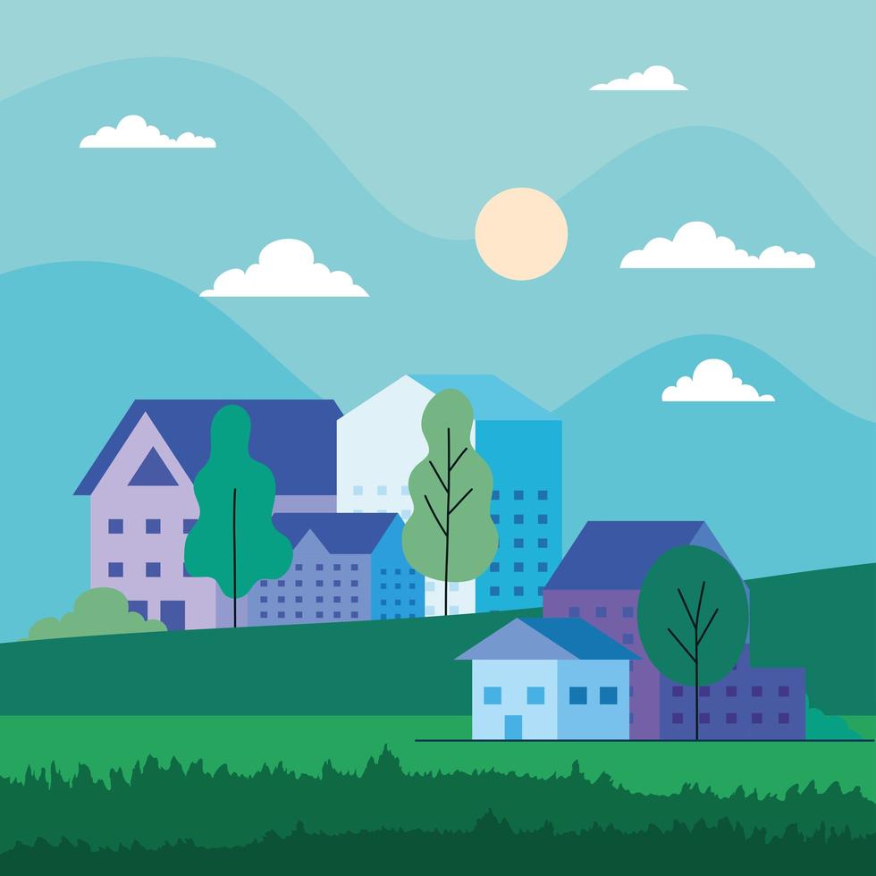 City landscape with houses, trees, clouds and sun vector design