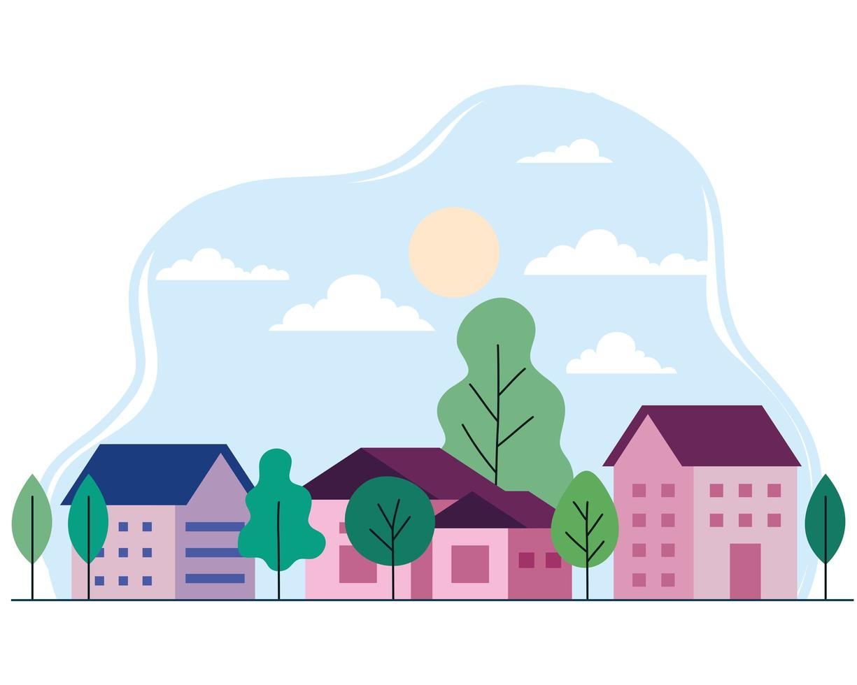 City landscape with houses, trees, clouds and sun vector design