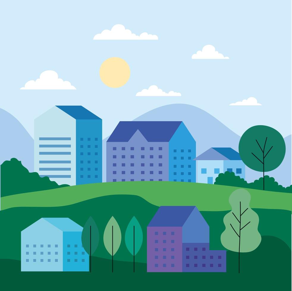 City landscape with houses, trees, clouds and sun vector design