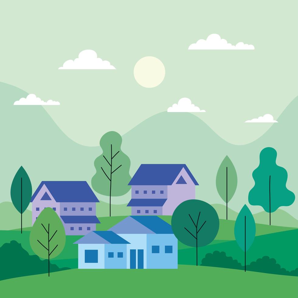 City landscape with houses, trees, clouds and sun vector design