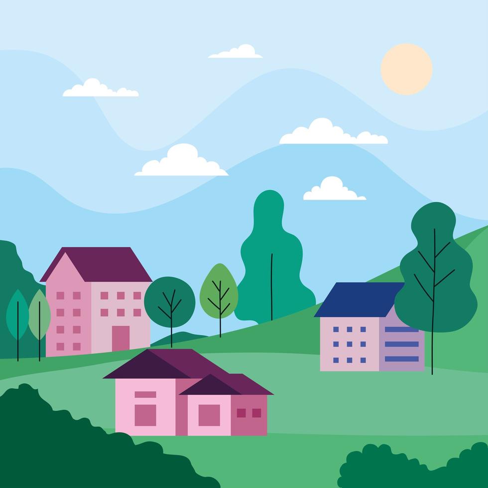 City landscape with houses, trees, clouds and sun vector design