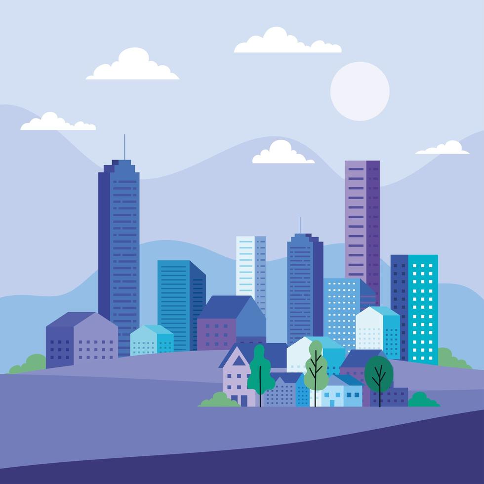 City landscape with buildings, houses, trees, clouds and sun vector design