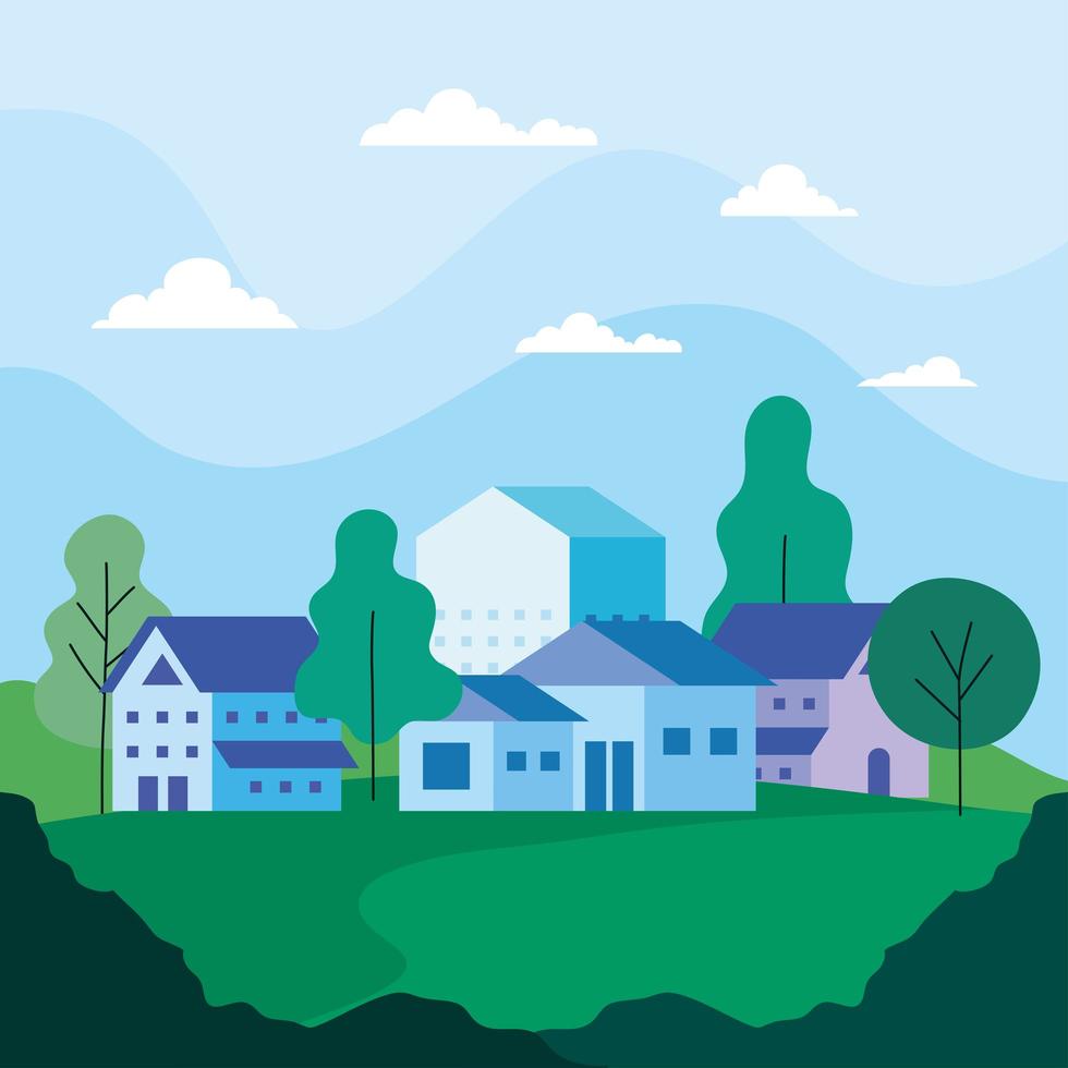 City landscape with houses, trees and clouds vector design