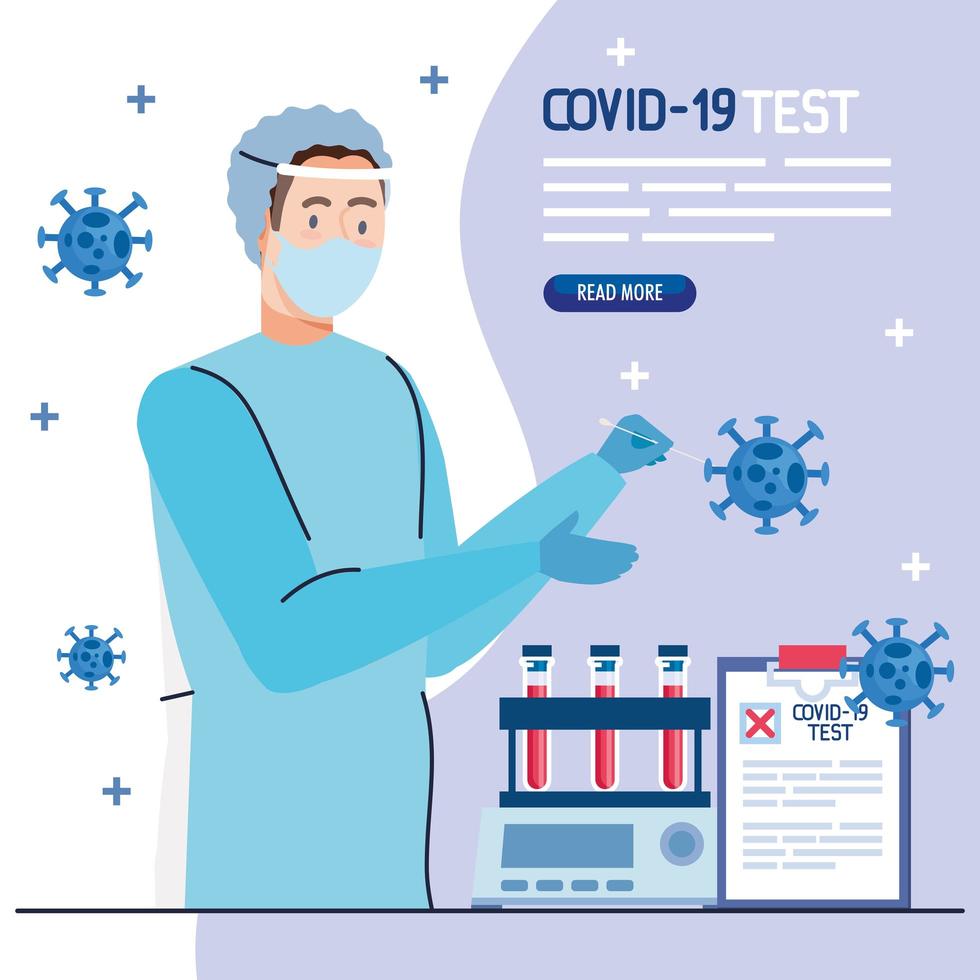 covid 19 virus test doctor with mask, uniform, tubes and medical ...