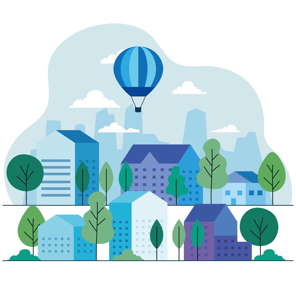 City houses with hot air balloons, trees and clouds vector design