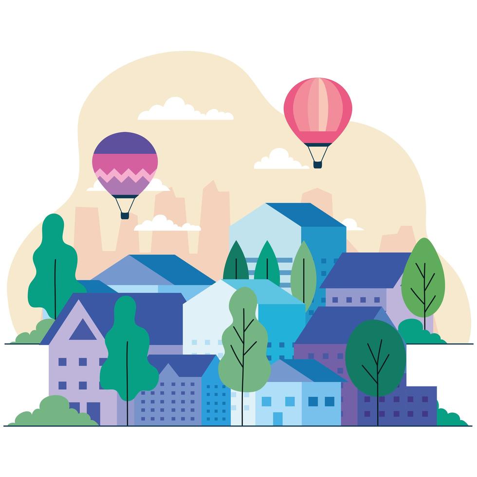 City houses with hot air balloons, trees and clouds vector design