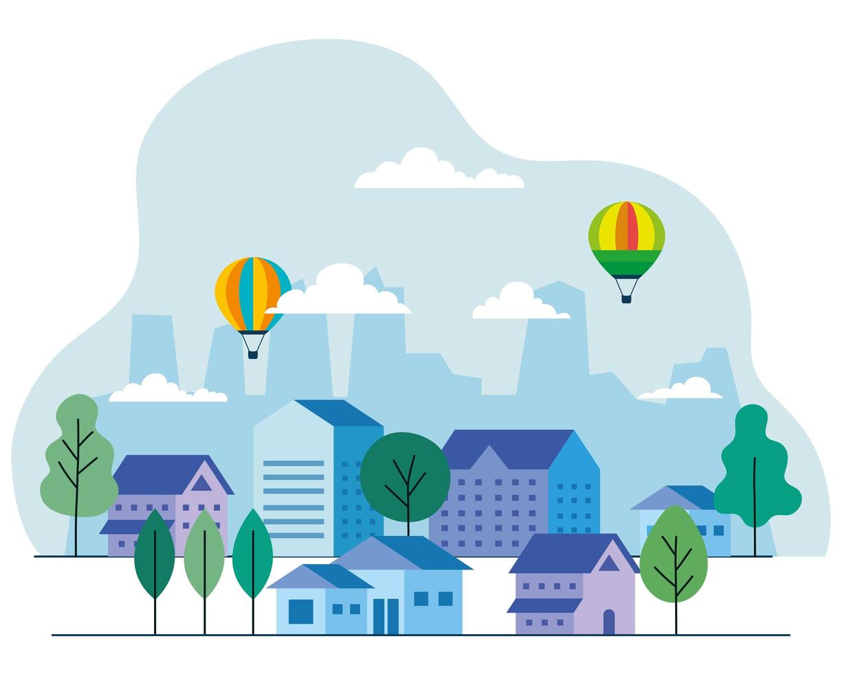 City houses with hot air balloons, trees and clouds vector design