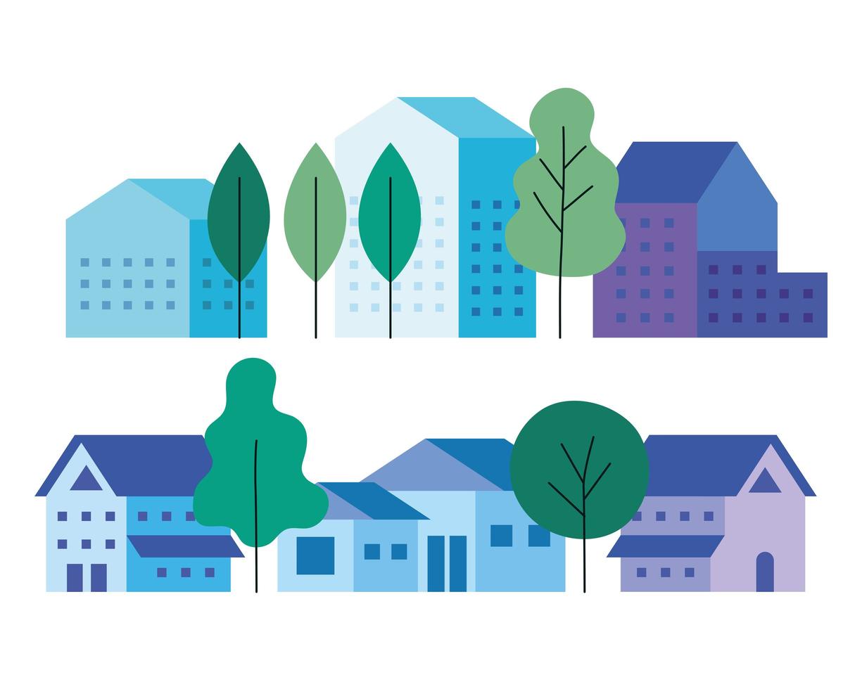 City buildings houses and trees set vector design