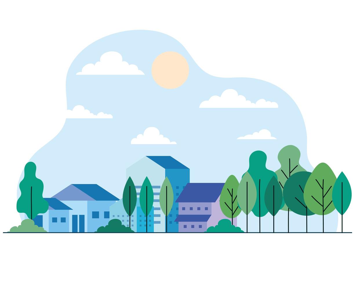 city houses with trees, sun and clouds vector design