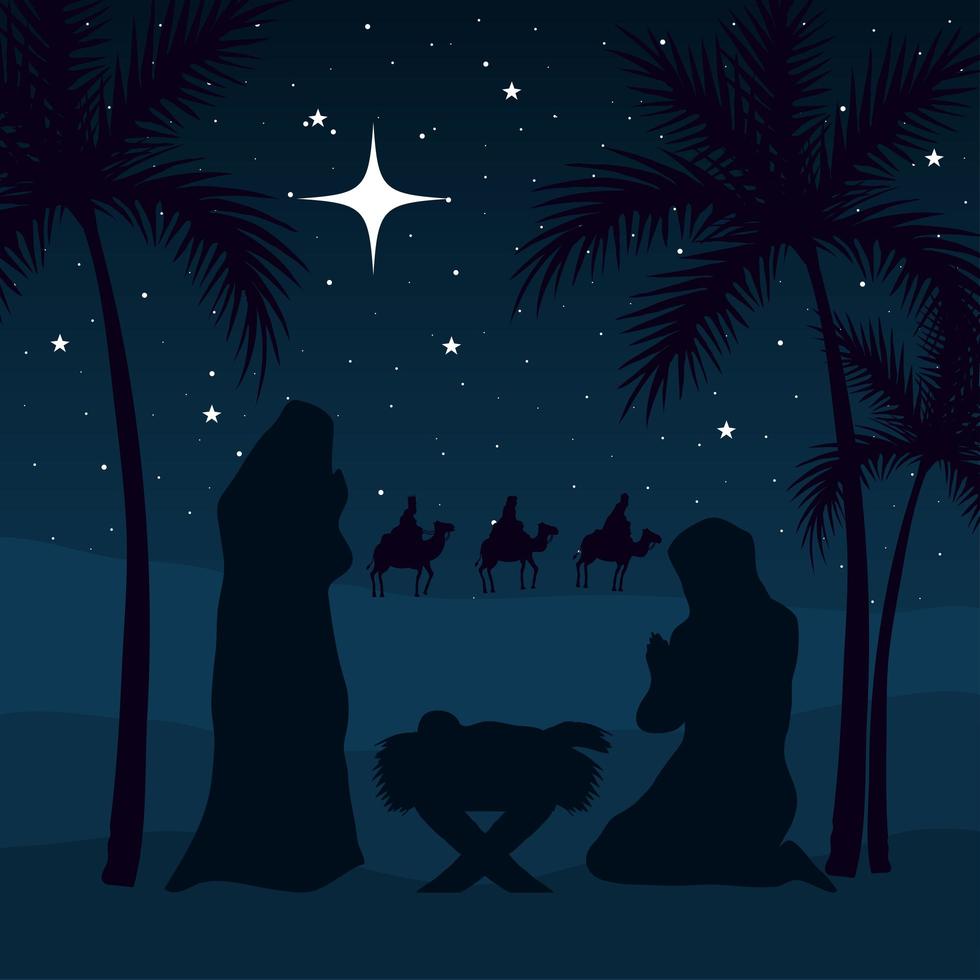 Nativity, mary, joseph, baby, wise men and palm trees on blue background vector design