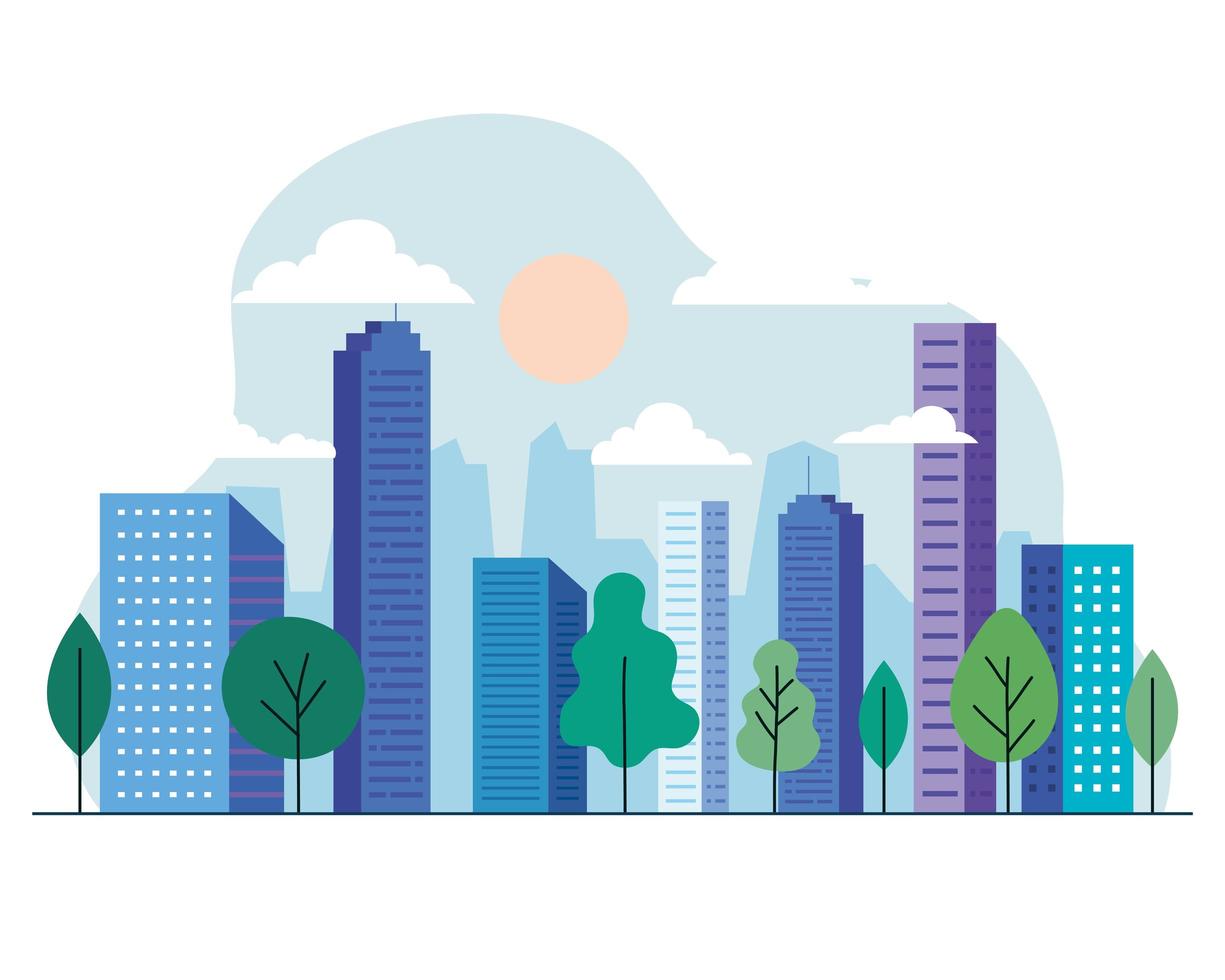 city buildings with trees, sun and clouds vector design