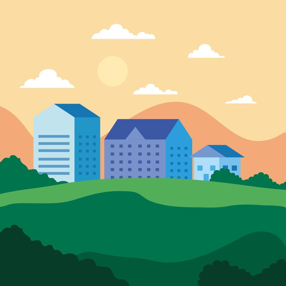 City landscape with houses, shrubs, clouds and sun vector design
