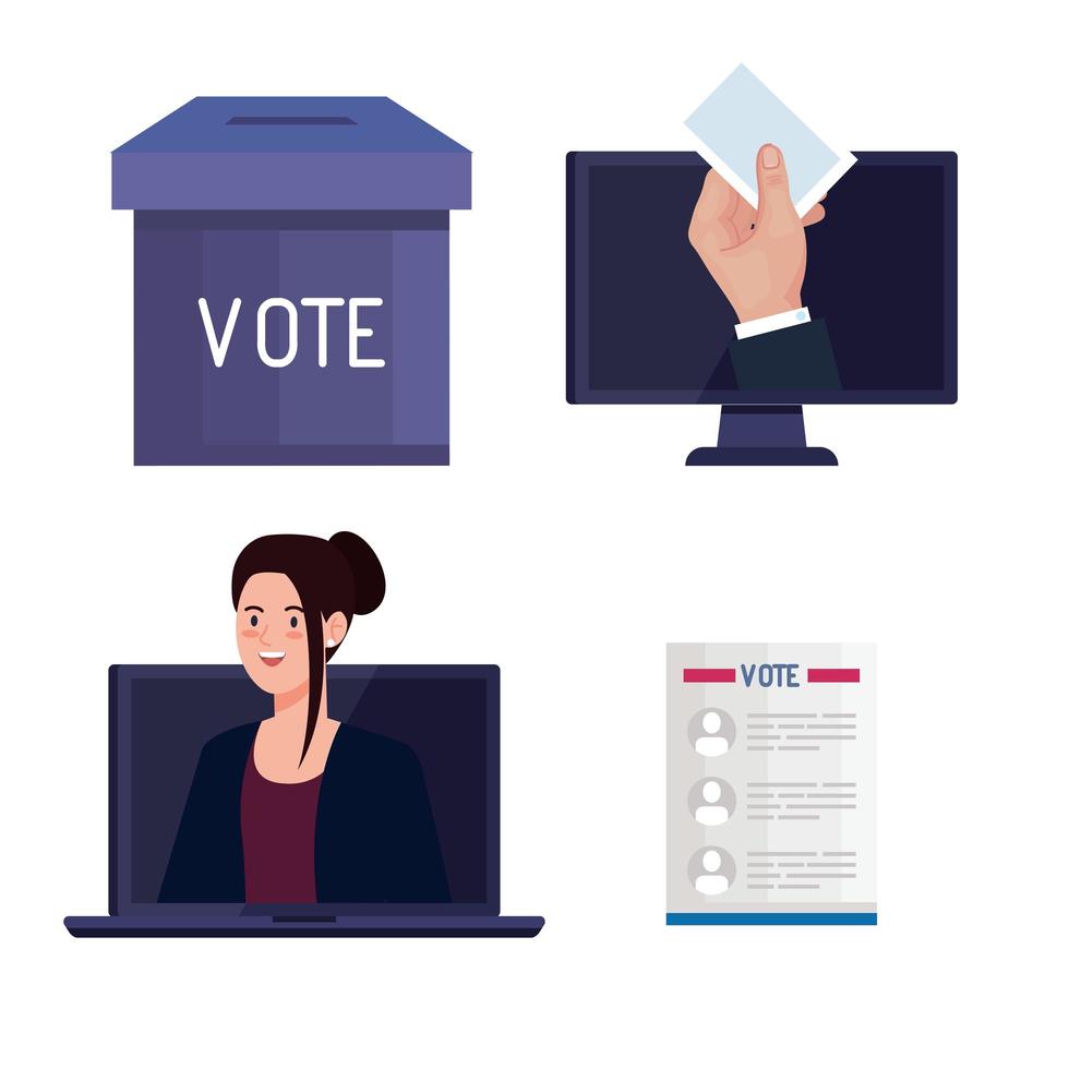 caja de votación del día de las elecciones, computadora portátil, mujer, mano con papel y diseño de vectores de computadora