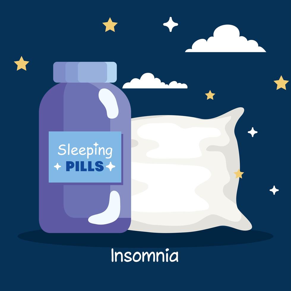 insomnia pills, jar and pillow vector design