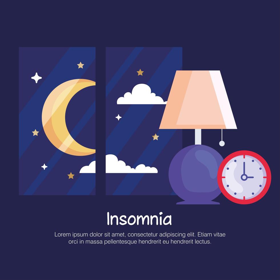 insomnia, lamp, clock and moon at window vector design