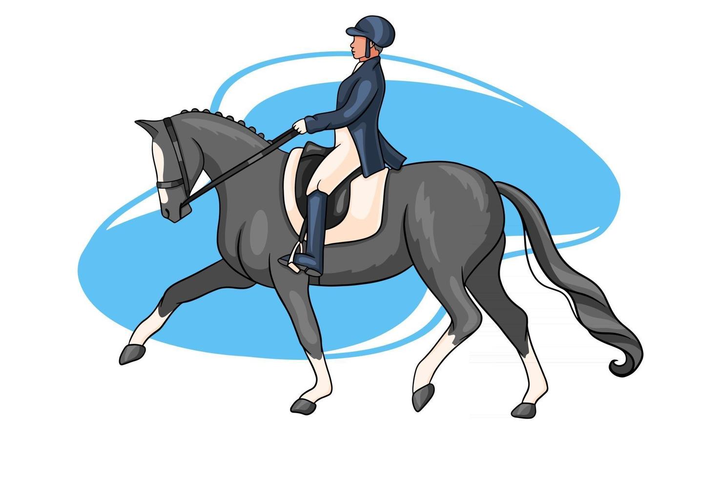 mujer de equitación montando caballo de doma en estilo de dibujos animados vector