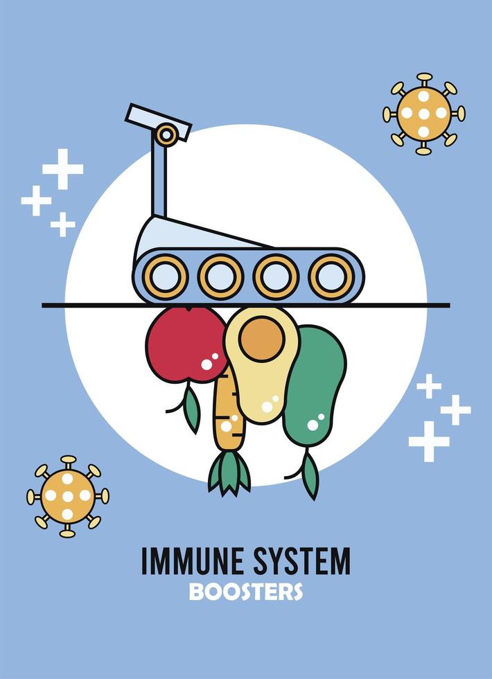 immune system booster with healthy food and covid19 particles vector