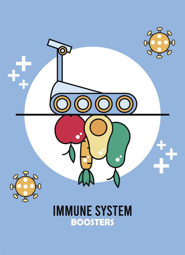 refuerzo del sistema inmunológico con alimentos saludables y partículas covid19 vector