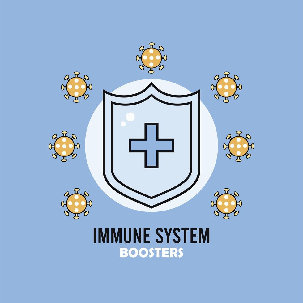 immune system booster shield with covid19 particles and lettering vector
