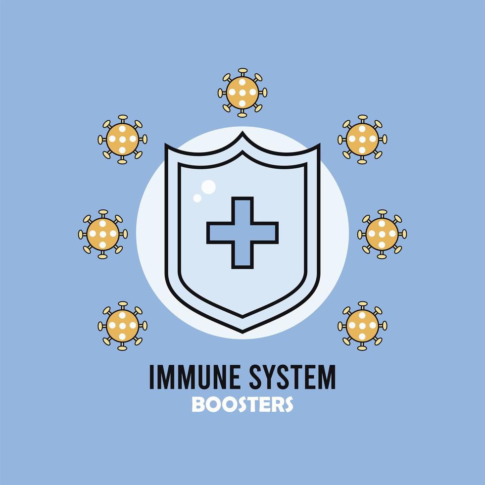 immune system booster shield with covid19 particles and lettering vector