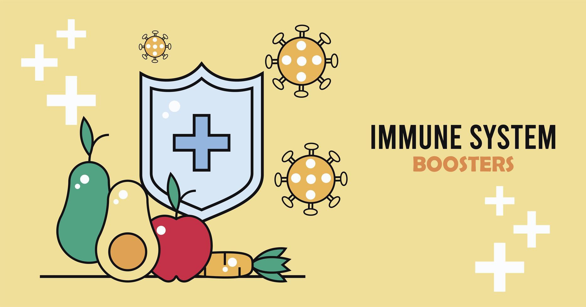 immune system booster shield with covid19 particles and vegetables vector