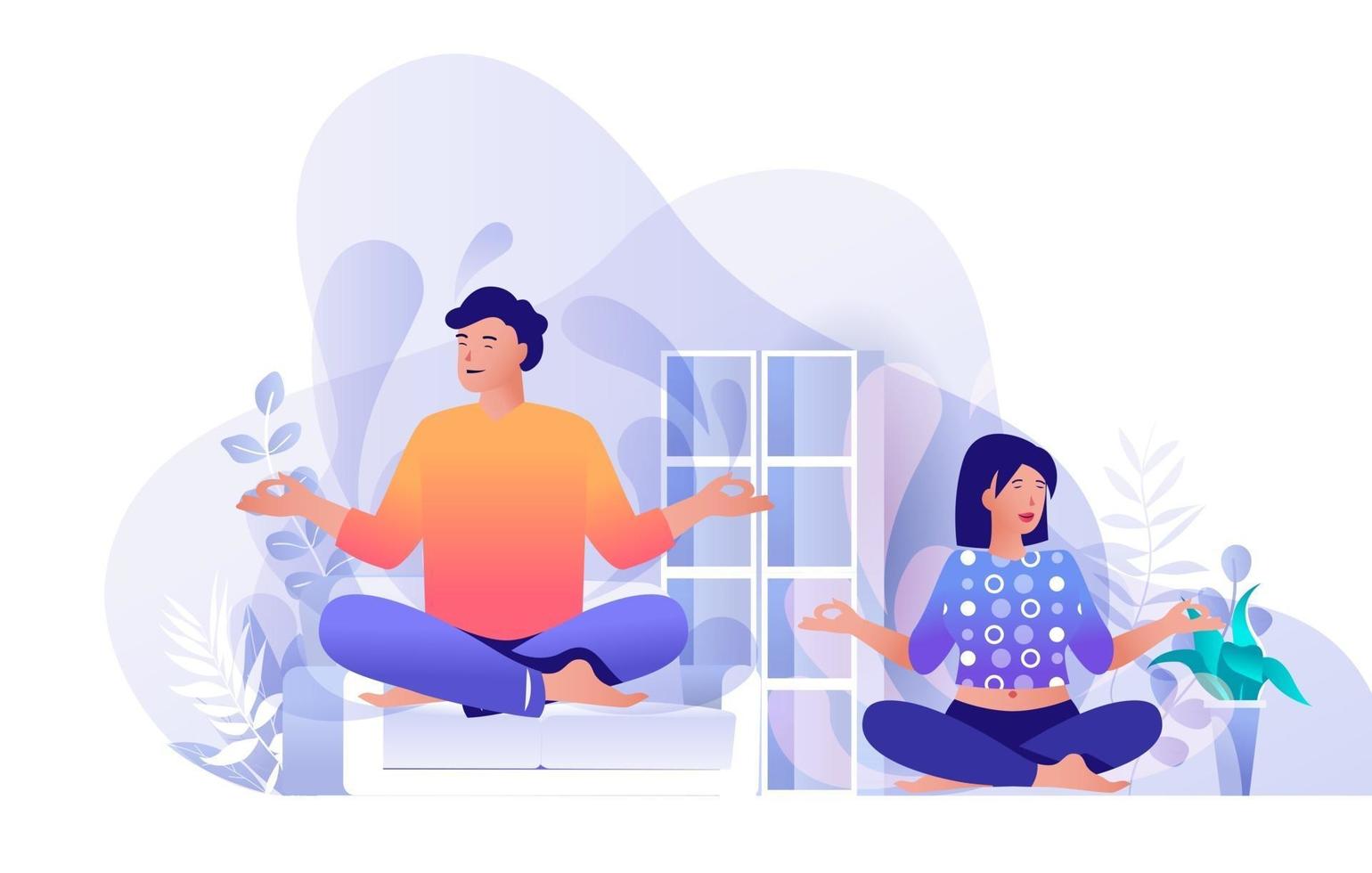 Couple doing yoga at home flat landing page vector