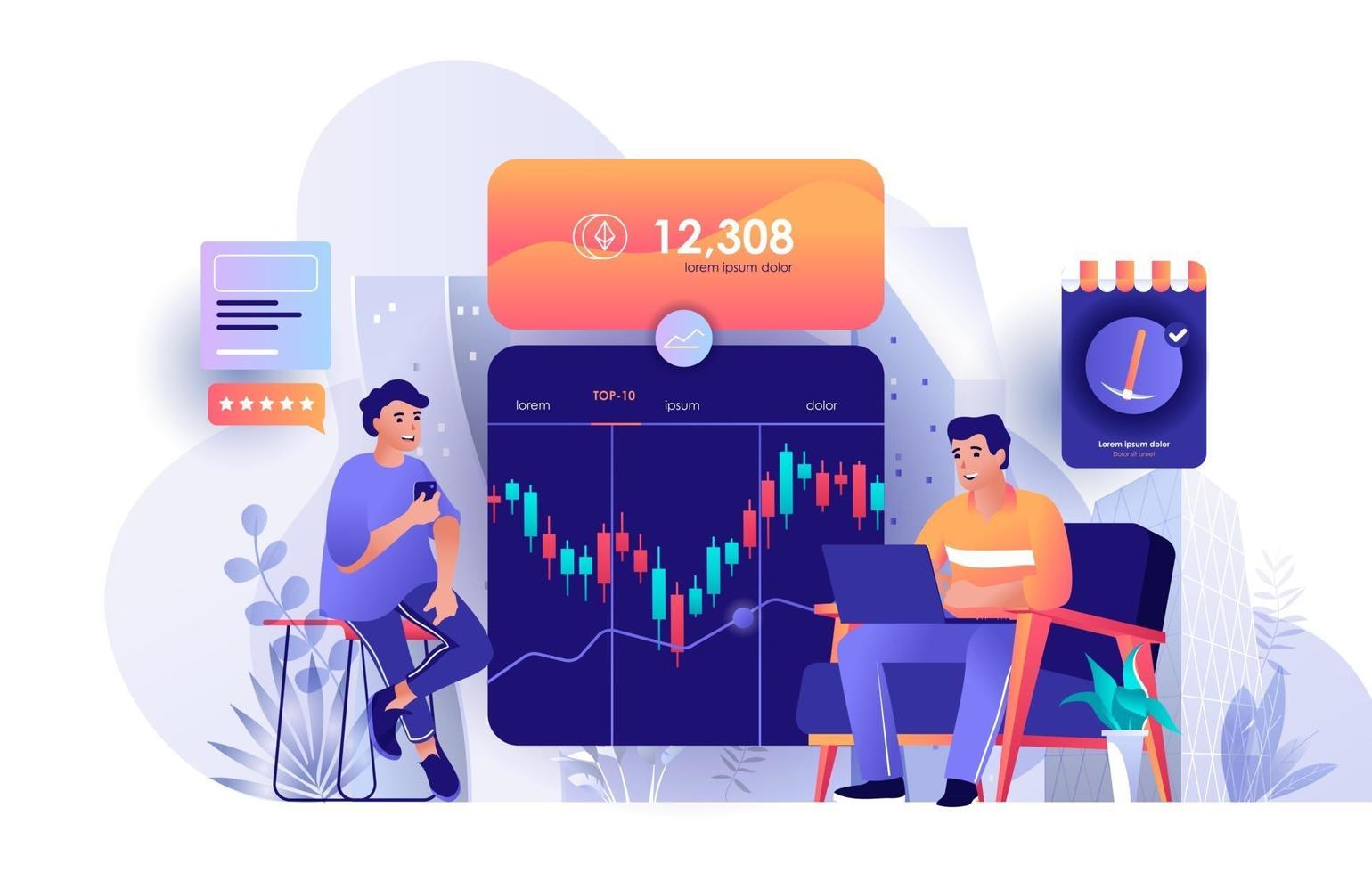 Cryptocurrency marketplace flat landing page vector