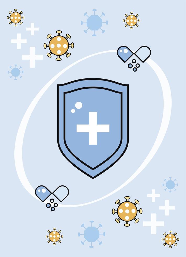 immune system booster shield with covid19 particles and capsules vector