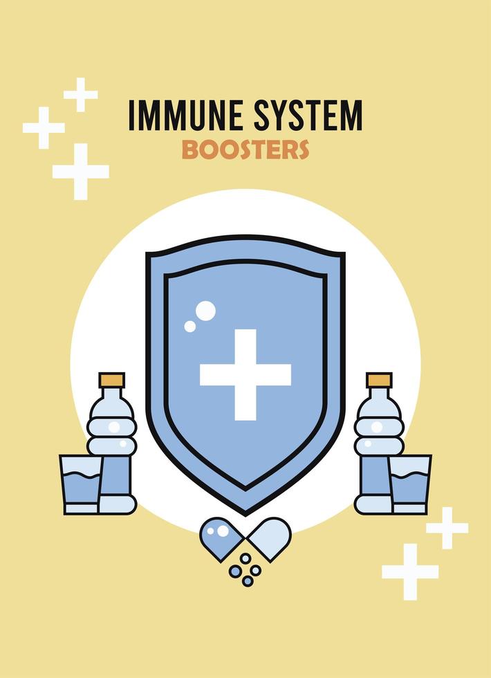 immune system booster shield with water bottles vector