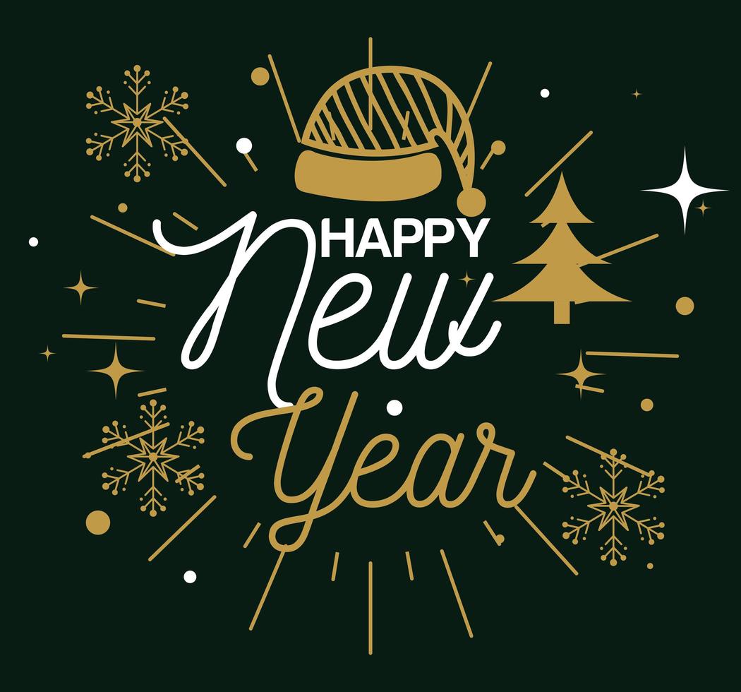 Happy new year with hat and snowflakes vector design