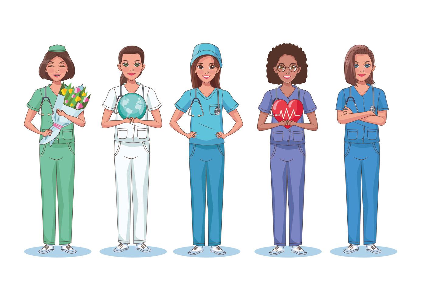 cinco personajes de enfermeras vector