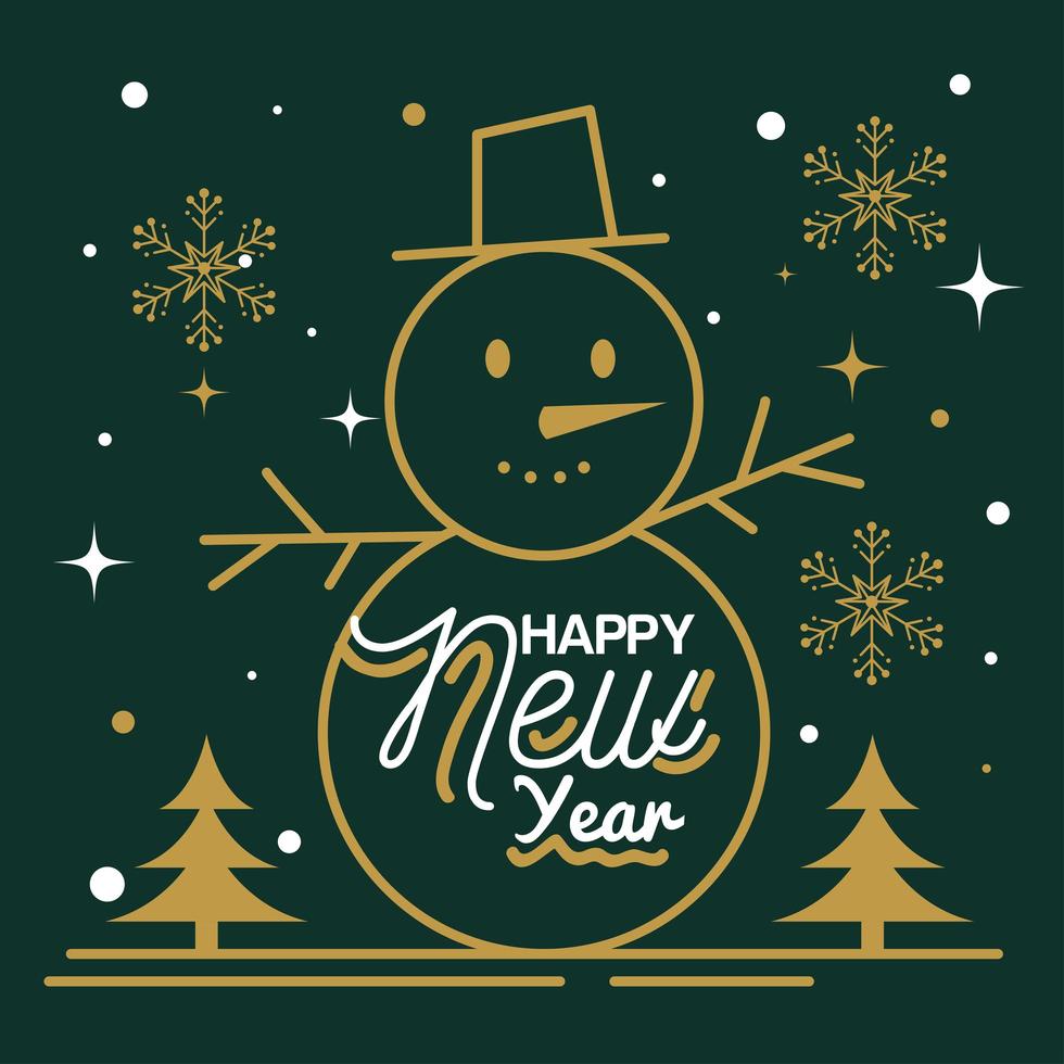 Happy new year with snowman, snowflakes and pine trees vector design