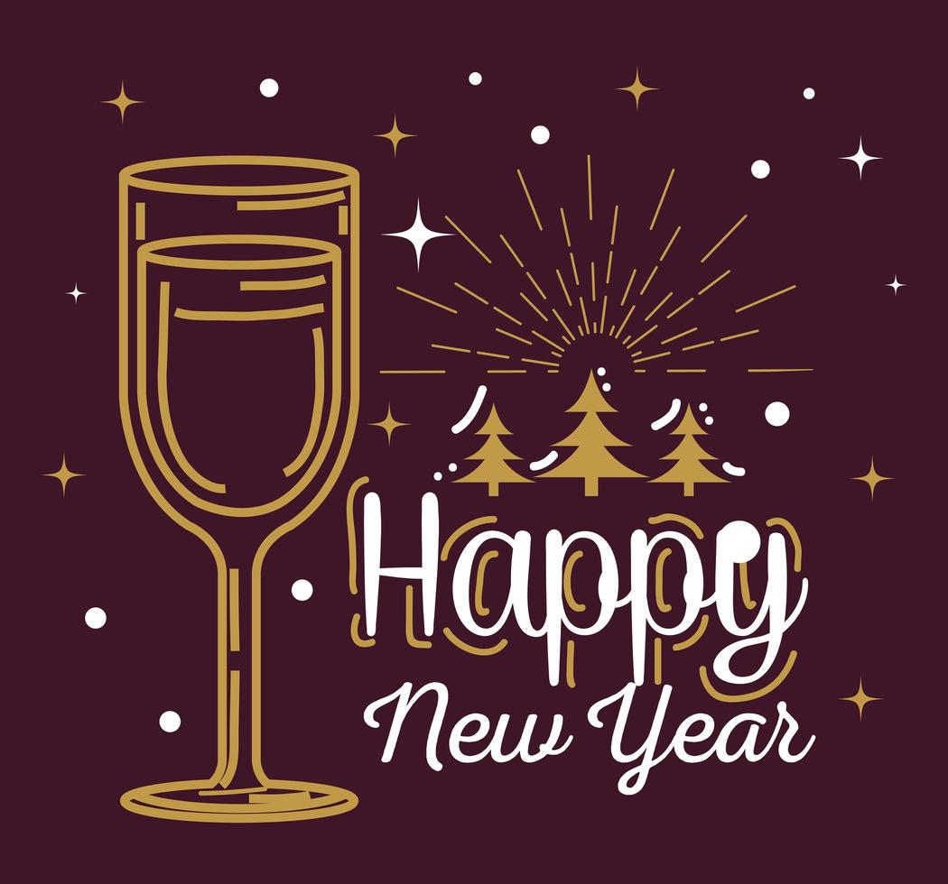 Happy new year with cup and pine trees vector design