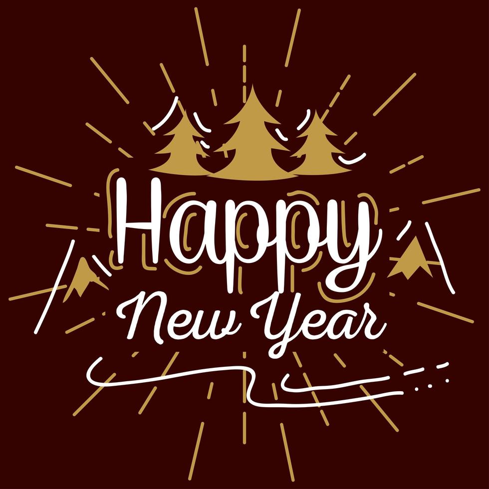 Happy new year with pine trees and mountains vector design