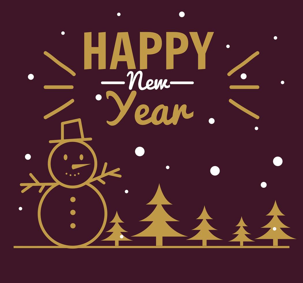 Happy new year with snowman and pine trees vector design