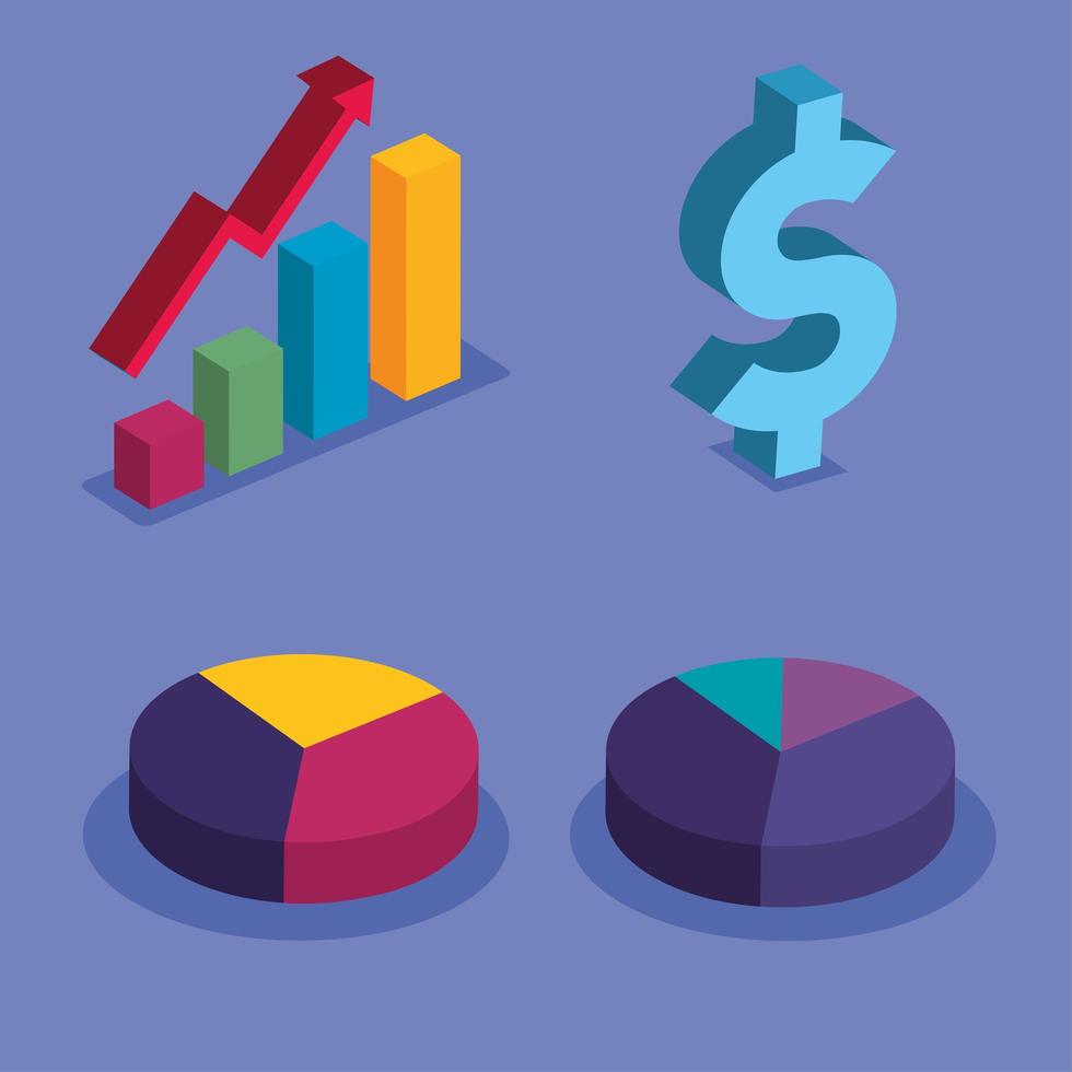 barras y gráfico con flecha de aumento, diseño de vector de gráficos de dinero y pastel