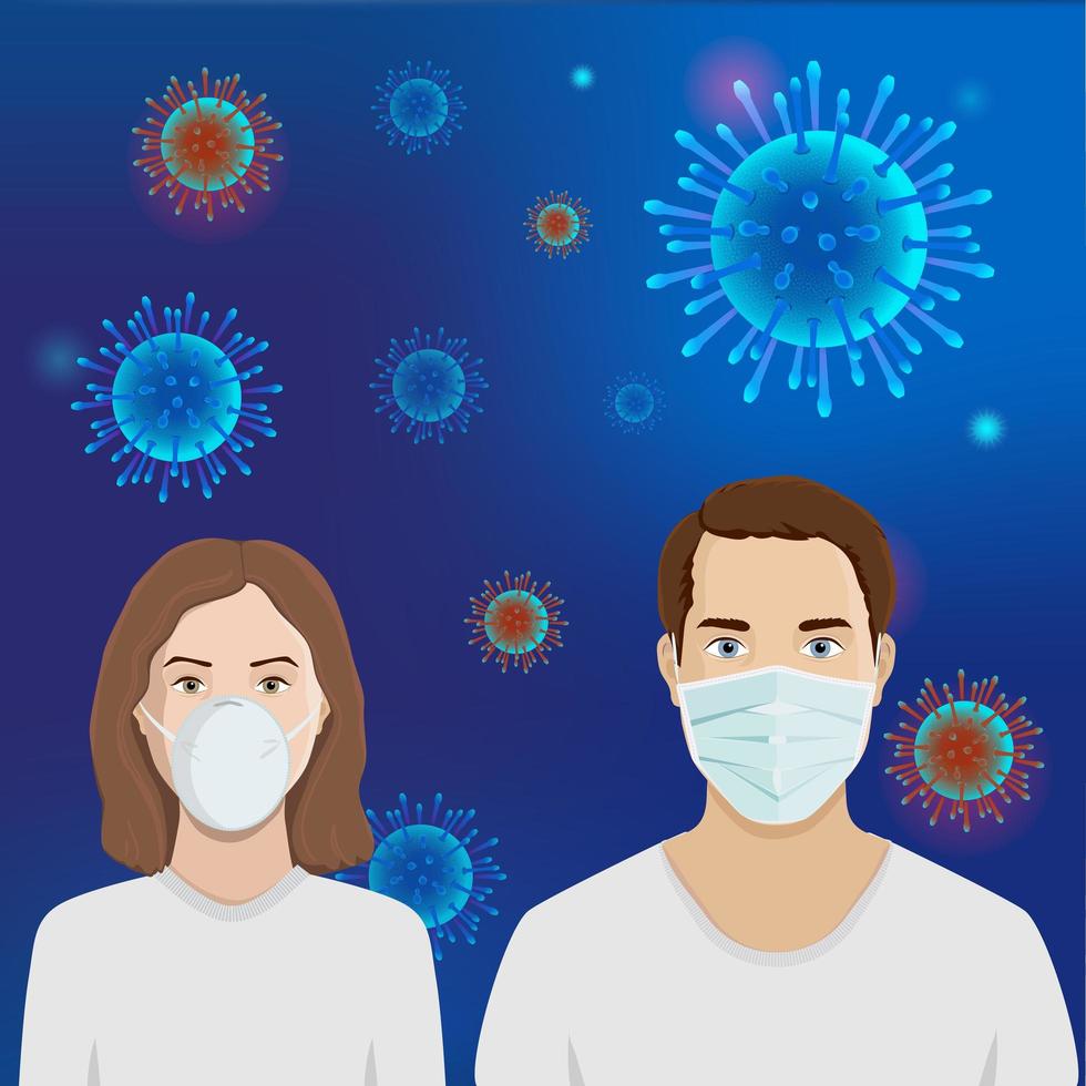 Fondo de coronavirus covid 19 con hombres y mujeres con máscara médica protectora vector