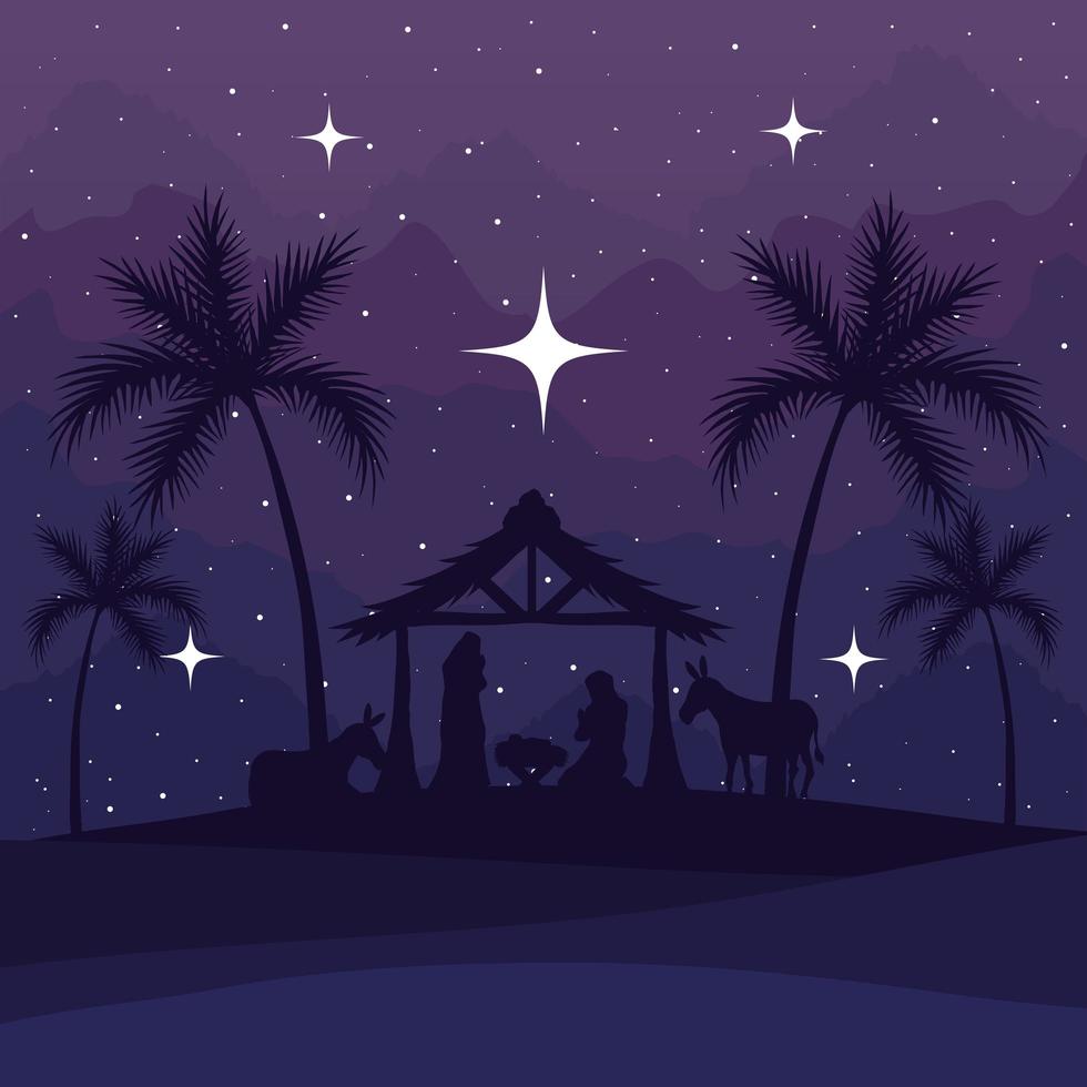 nativity, mary, joseph, baby and donkeys on purple background vector design