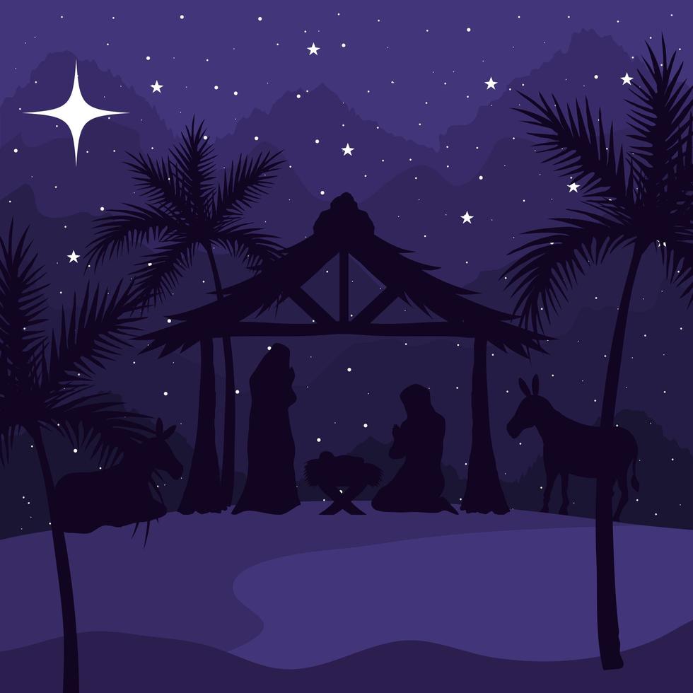 nativity, mary, joseph, baby and donkeys on purple background vector design
