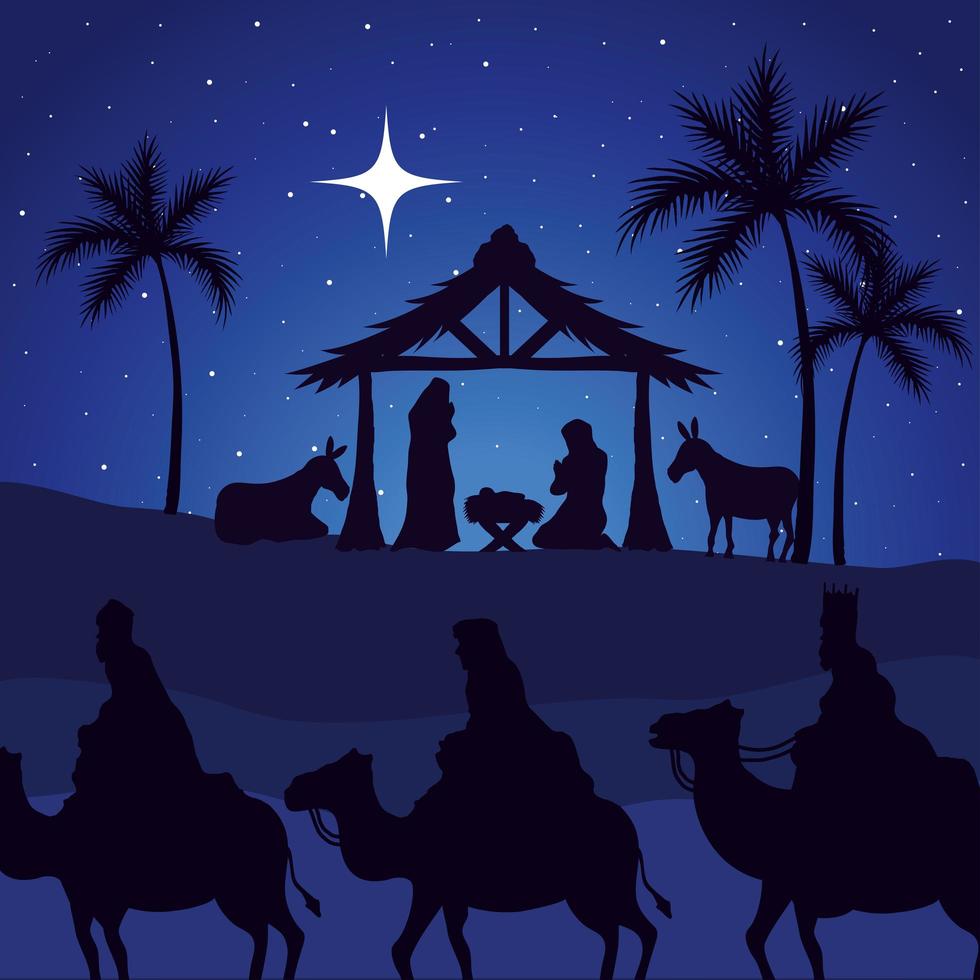 nativity, mary, joseph, baby and wise men on blue background vector design