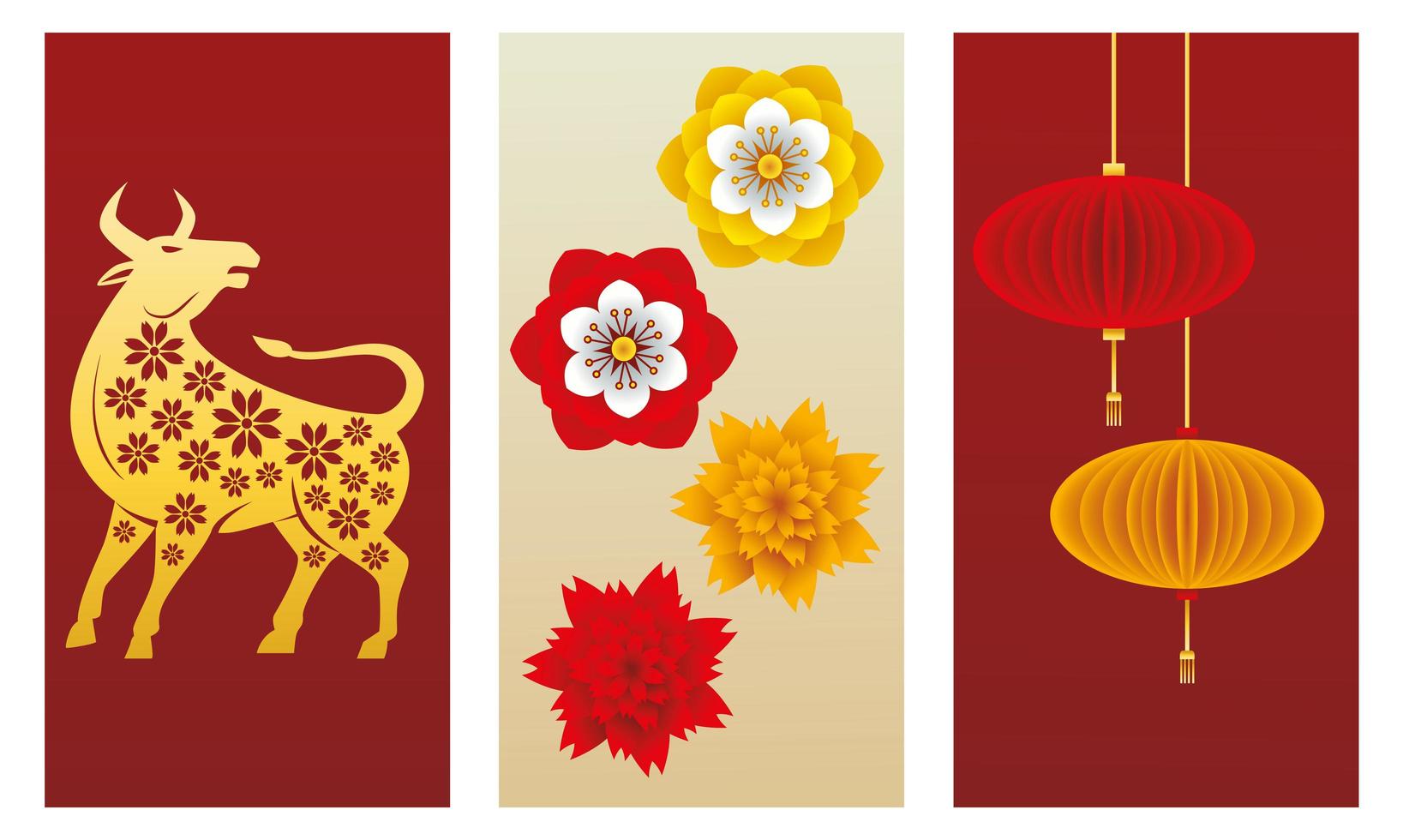 año nuevo chino buey y lámparas colgando con flores. vector