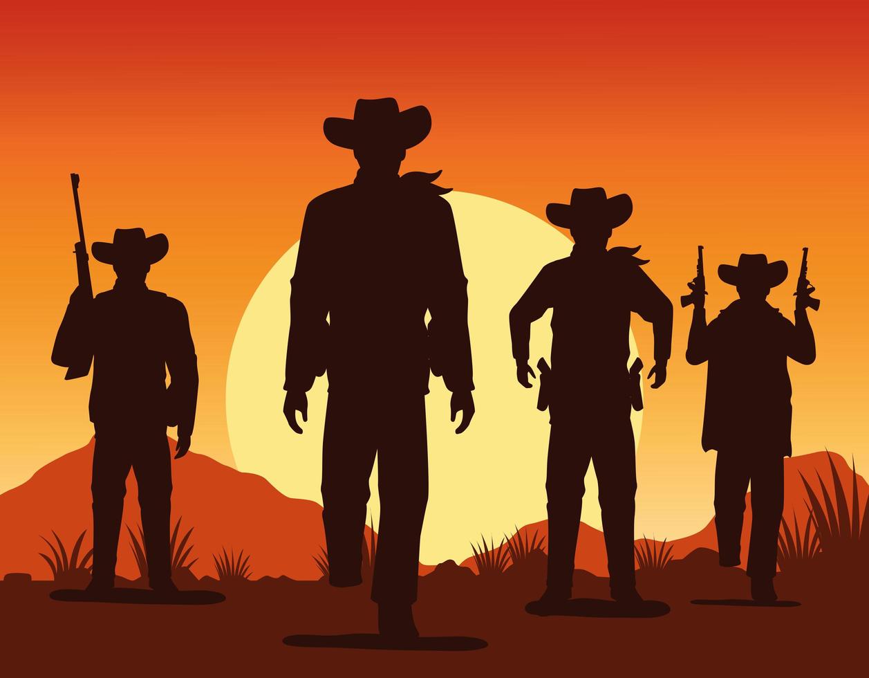 vaqueros figuras siluetas con pistolas personajes puesta de sol paisaje escena vector