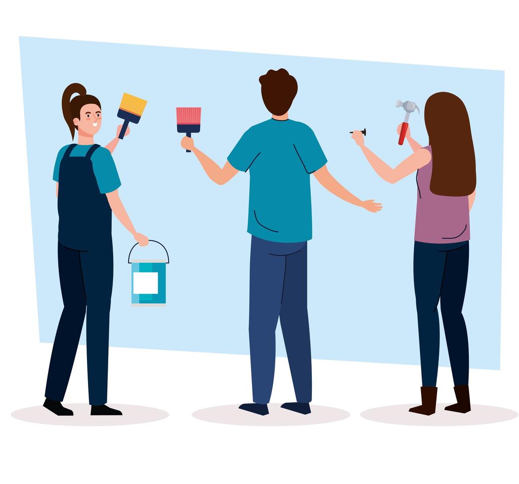 man and women with construction hammer, paint brush and bucket vector design