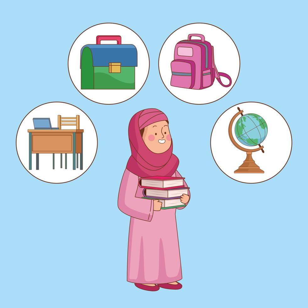 Cute muslim girl with school supplies vector