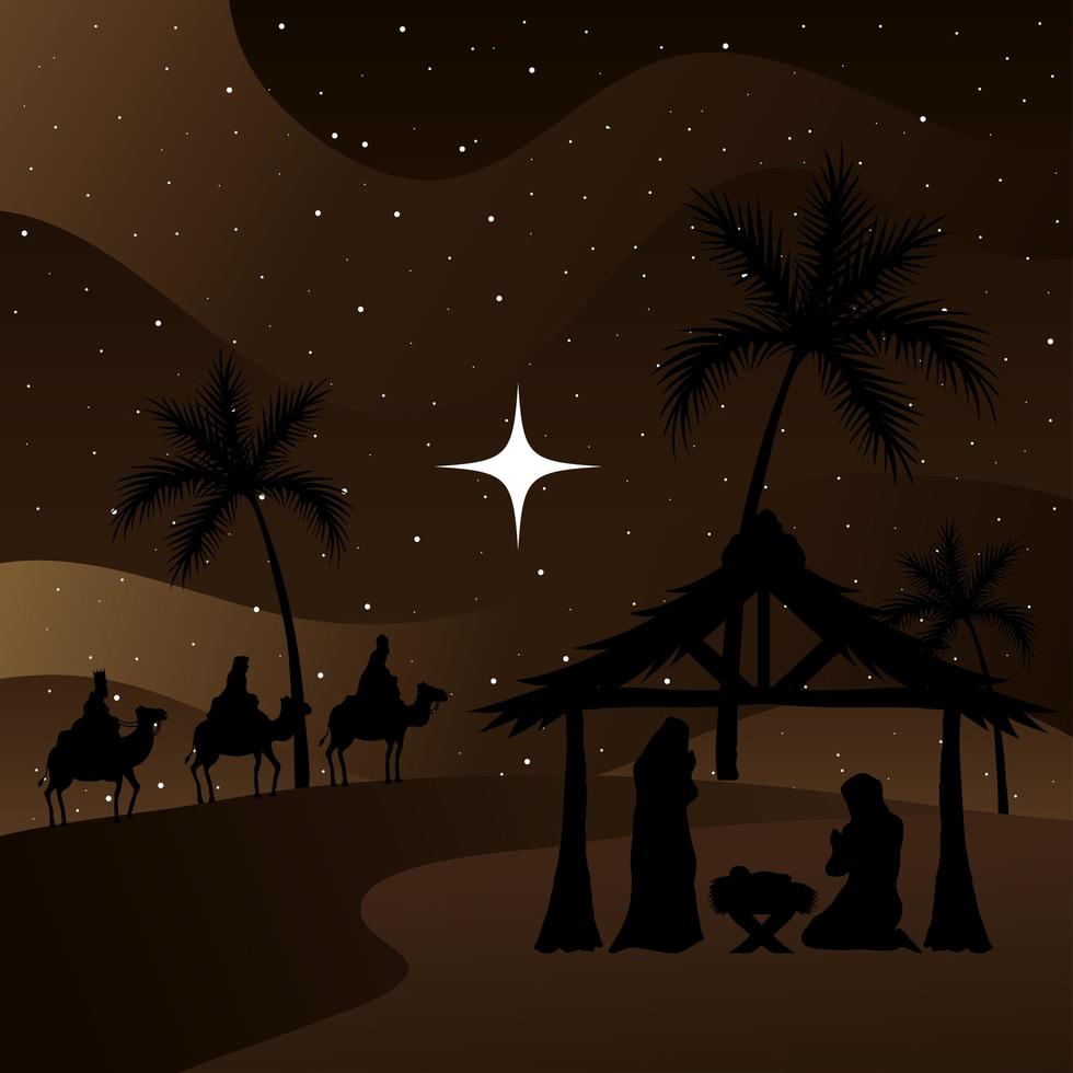 nativity, mary, joseph, baby and wise men on brown background vector design