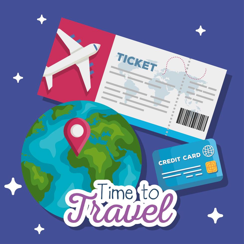 time to travel, ticket, world and credit card vector design