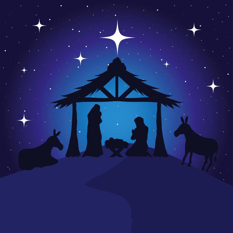 nativity, mary, joseph and baby on blue background vector design