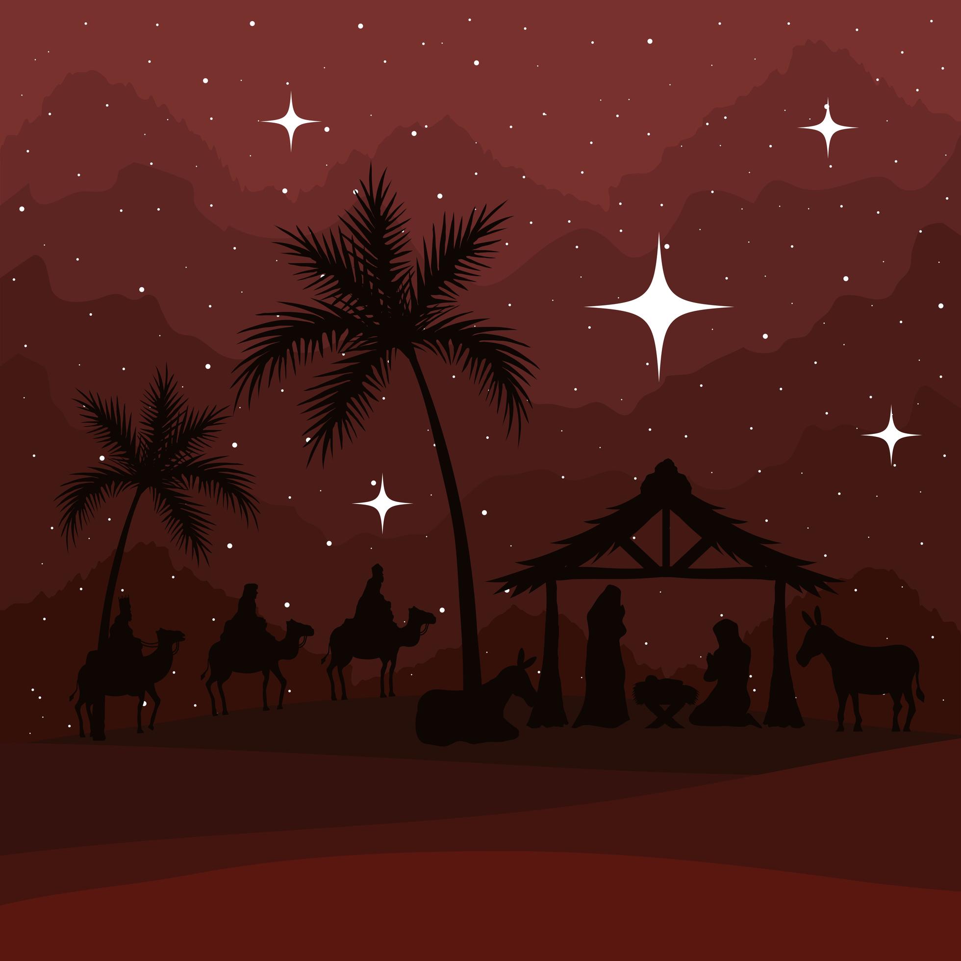 nativity, mary, joseph, baby and wise men on red background vector