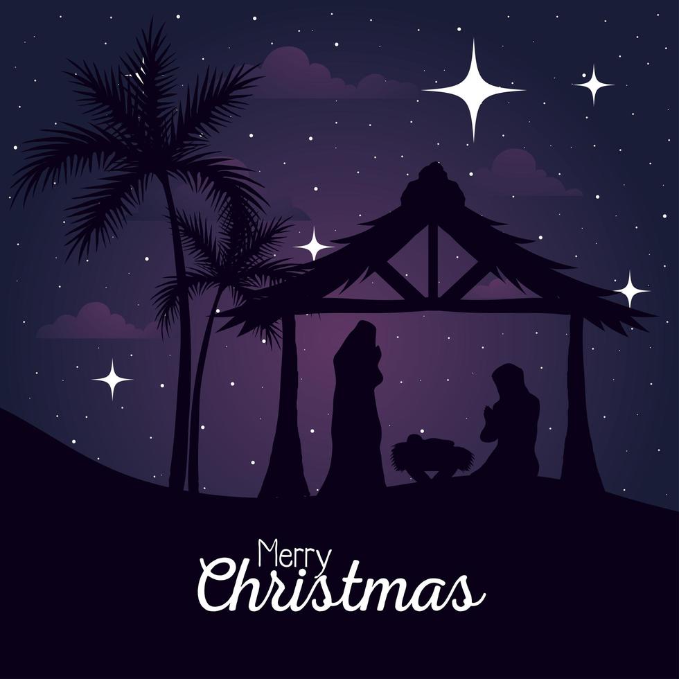 merry christmas and nativity, mary, joseph and baby in hut on purple background vector design