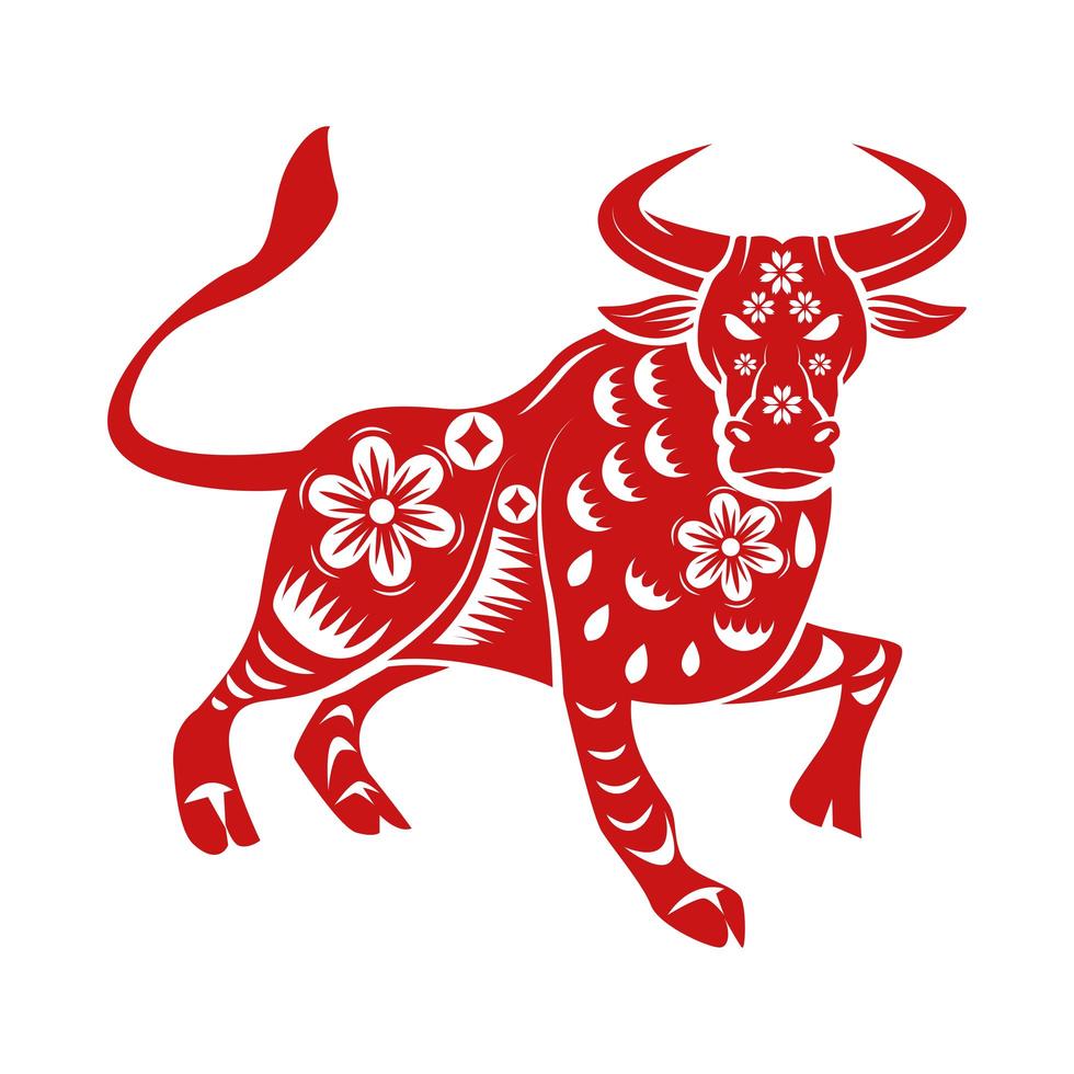 chinese new year red silhouette ox with floral pattern vector